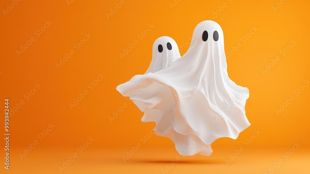 Two playful ghosts floating against a vibrant orange background. Two playful ghosts floating against a vibrant orange background.