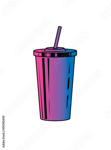 Fast food plastic cup with straw. Hot or cold drink. Original vector illustration in vintage style.