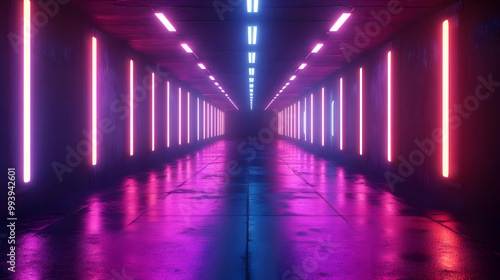 Neon Lights Corridor 3D Illustration