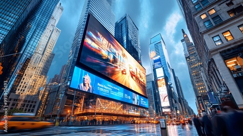 NYC Times Square Cityscape at Dusk with Digital Billboards.