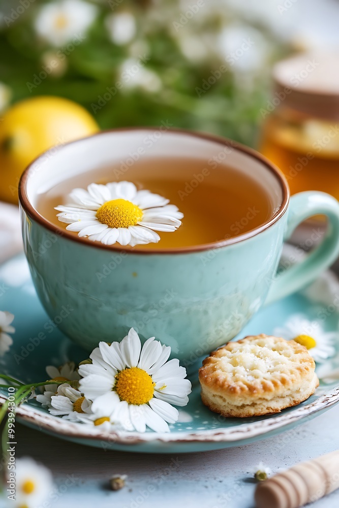 Chamomile tea with daisy flower and cookies. Chamomile tea with daisy flower and cookies.