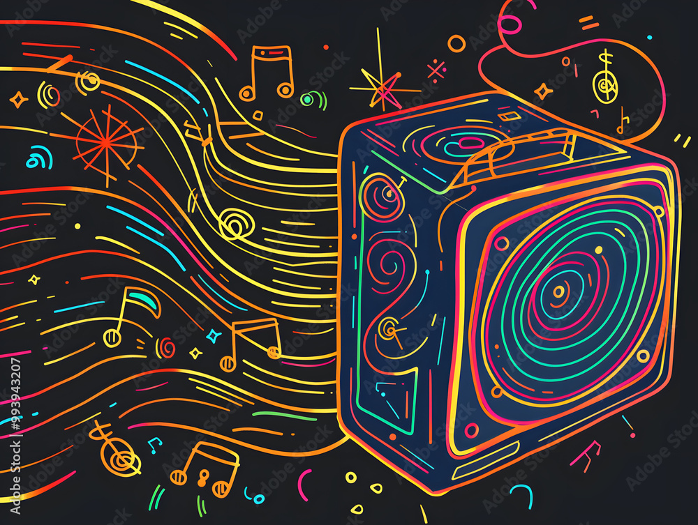 A colorful, abstract illustration of a speaker, with vibrant sound waves and musical notes flowing around it. A colorful, abstract illustration of a speaker, with vibrant sound waves and musical notes flowing around it.
