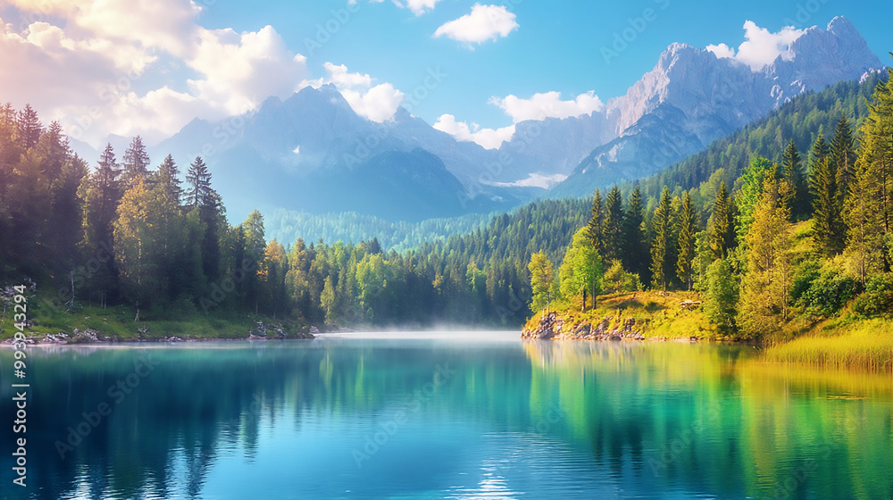 A majestic mountain range with snow-capped peaks, clear blue skies A majestic mountain range with snow-capped peaks, clear blue skies