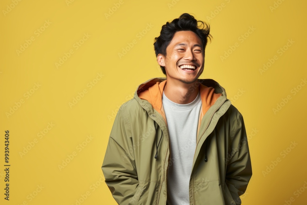 Portrait of a smiling asian man in his 30s wearing a functional windbreaker over solid color backdrop Portrait of a smiling asian man in his 30s wearing a functional windbreaker over solid color backdrop