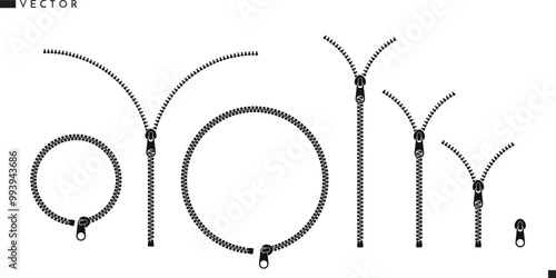 Zipper silhouette. Isolated zippers on white background. Abstract zip icon 