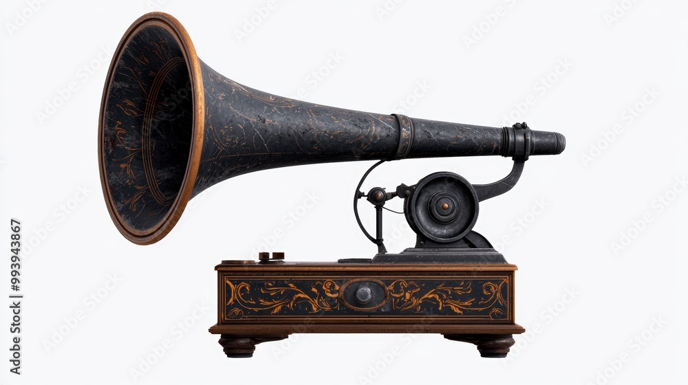 custom made wallpaper toronto digitalVintage gramophone with ornate designs, isolated on a white background.