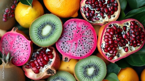 A beautiful display of exotic fruits like kiwi, dragon fruit, and pomegranate, showcasing the diversity of the fruit food group