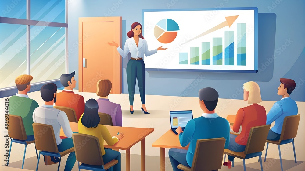 a woman near a screen is giving a presentation to a group of people a woman near a screen is giving a presentation to a group of people