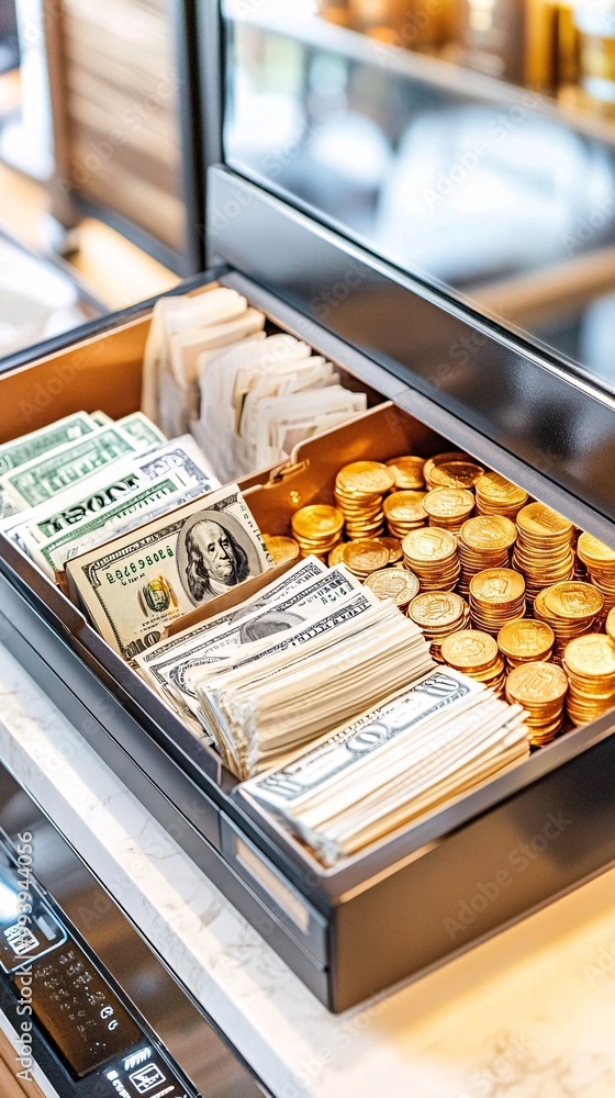 Cash Register Drawer with US Dollars and Coins. Cash Register Drawer with US Dollars and Coins.