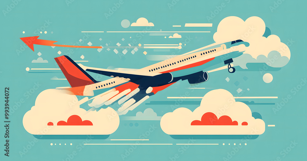 Naklejka premium Dynamic Airplane in Flight Over Vibrant Abstract Sky design