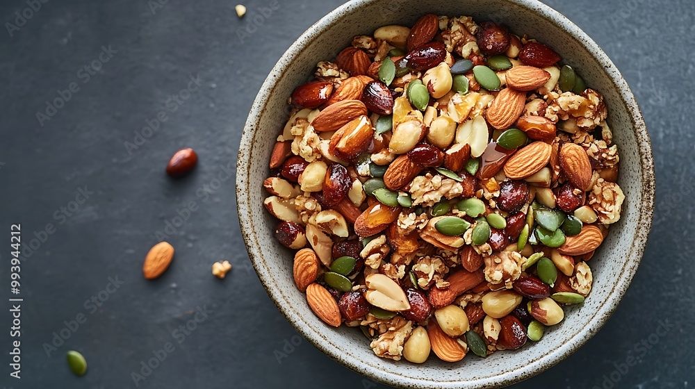 A bowl of mixed nuts and seeds artfully displayed with a hint of honey drizzled on top, representing healthy fats A bowl of mixed nuts and seeds artfully displayed with a hint of honey drizzled on top, representing healthy fats