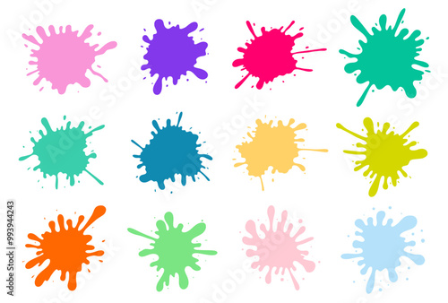 Big set of colorful paint spots. Template paint splash isolated on white background. Round splash, decorative shapes liquids. Different splashes and drops, cartoon splatters. Stain ink. Vector design