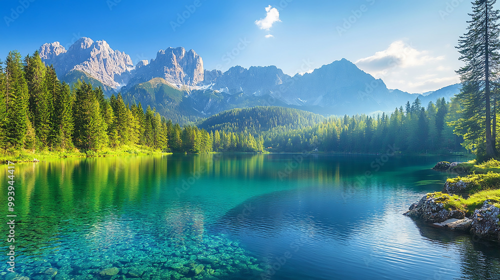 Fototapeta premium Majestic mountain range with snow-capped peaks under a clear blue sky, surrounded by lush green forests