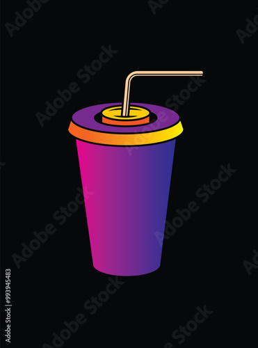 Fast food plastic cup with straw. Hot or cold drink. Original vector illustration in vintage style.