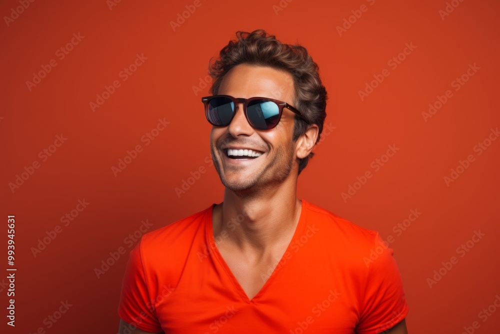 Portrait of a smiling man in his 30s wearing a trendy sunglasses on solid color backdrop Portrait of a smiling man in his 30s wearing a trendy sunglasses on solid color backdrop