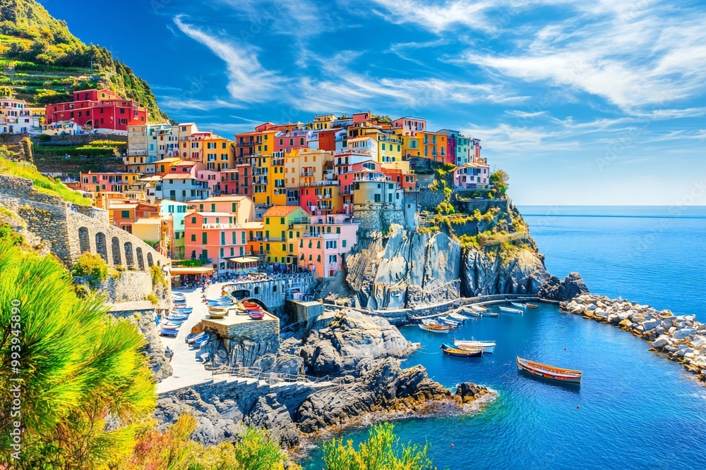 Fototapeta premium Coastal village with colorful cliffside houses, boats in harbor, bright sky, Mediterranean charm.