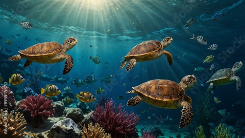 Whimsical underwater scene of turtles in a parade. photo