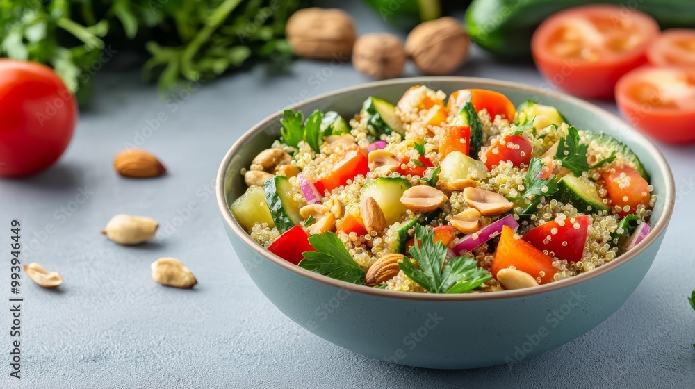 A vibrant quinoa salad with fresh vegetables, nuts, and seeds arranged in a bowl, showcasing healthy plantbased nutrition A vibrant quinoa salad with fresh vegetables, nuts, and seeds arranged in a bowl, showcasing healthy plantbased nutrition