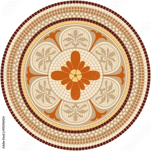 Mosaic circular floral ornament in orange, beige and brown colors. For ceramics, tiles, ornaments, backgrounds and other projects.	