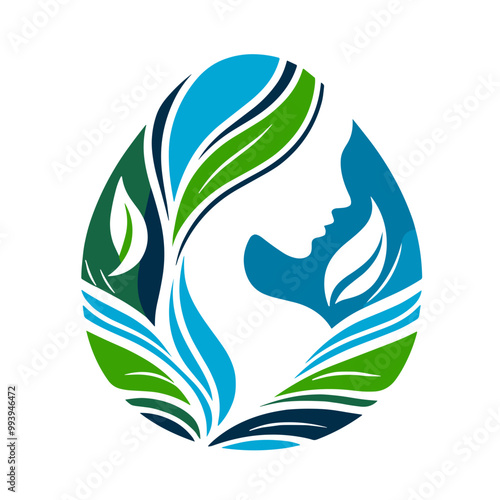A green, blue and white silhouette of a water and leaves smoothly combine into a female figures, vector, minimalist art style, stroke lines for an abstract look, transparent background 