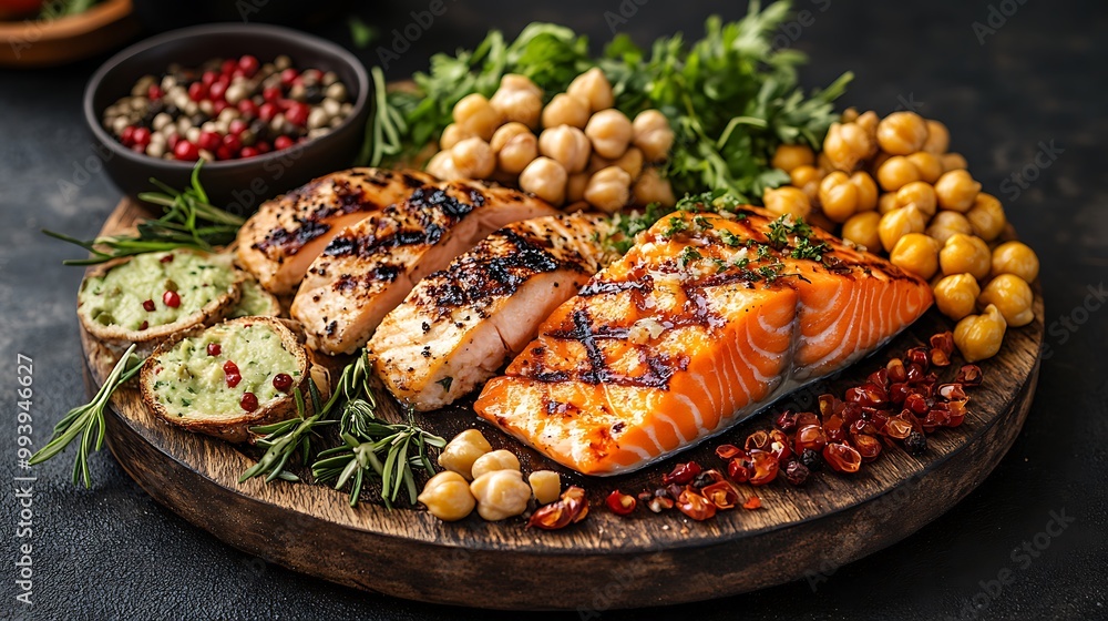An assortment of lean proteins like grilled chicken, salmon, and chickpeas served on a rustic platter, highlighting the protein food group An assortment of lean proteins like grilled chicken, salmon, and chickpeas served on a rustic platter, highlighting the protein food group