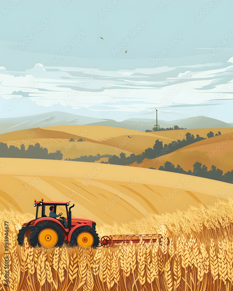 A vibrant illustration of a tractor working in a golden wheat field, surrounded by rolling hills under a serene sky. A vibrant illustration of a tractor working in a golden wheat field, surrounded by rolling hills under a serene sky.