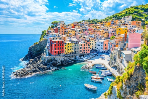 Coastal village with colorful cliffside houses, boats in harbor, bright sky, Mediterranean charm.