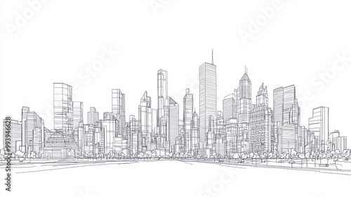 Minimalist line drawing of a city skyline with tall buildings isolated on solid white background