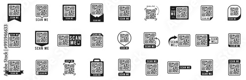 QR code set. Template of frames with text - scan me and QR code for smartphone, mobile app, payment and discounts. Quick Response codes. Vector.