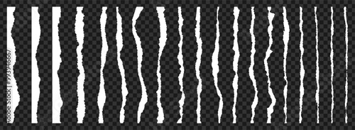 Torn paper edge. Set of realistic torn edges of paper of different shapes and sizes. Ripped strips of white colors at transparent background. Vector.