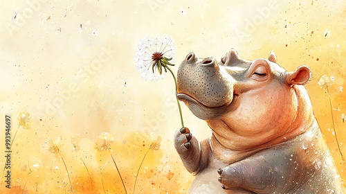 Hippo holding a dandelion, blowing the seeds into the wind, soft and peaceful, Watercolor style photo