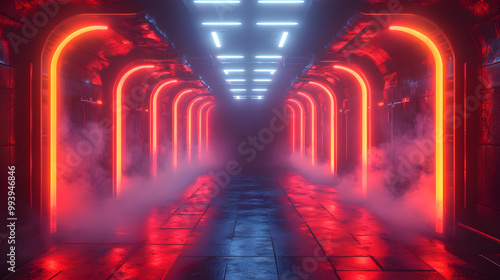 A Large Empty Stage with Red and Blue Neon Lights 