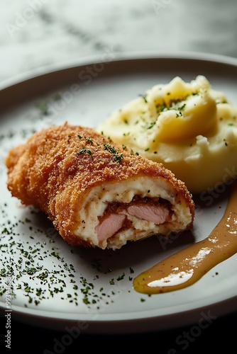 Close-up of a breaded and fried chicken cordon bleu with mashed potatoes and gravy.