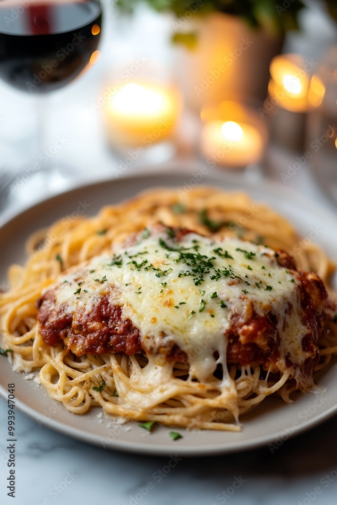 Close-up of a plate of spaghetti with a cheesy, meaty topping. Close-up of a plate of spaghetti with a cheesy, meaty topping.