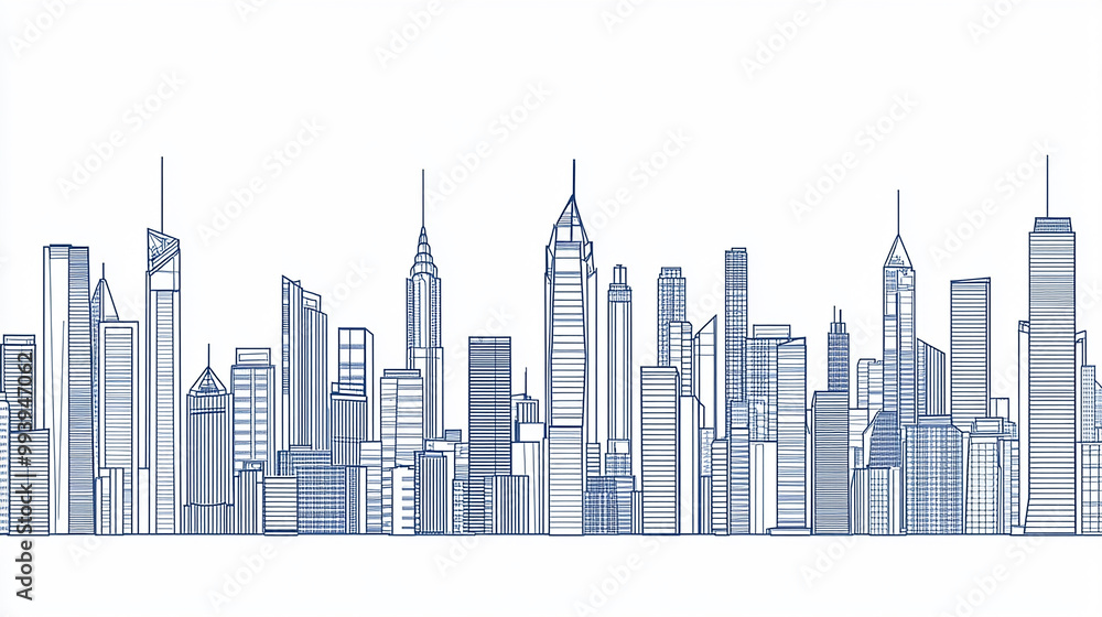 Minimalist line drawing of a city skyline with tall buildings isolated on solid white background Minimalist line drawing of a city skyline with tall buildings isolated on solid white background