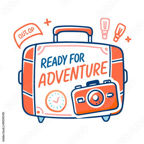 "Ready for Adventure suitcase and camera illustration for travel theme"