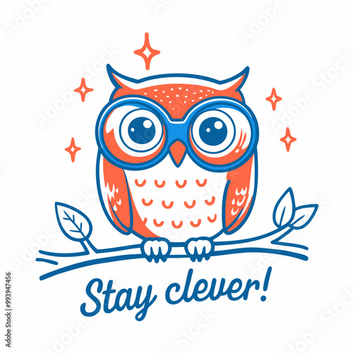"Stay Clever cute owl wearing glasses on a branch with motivational message"