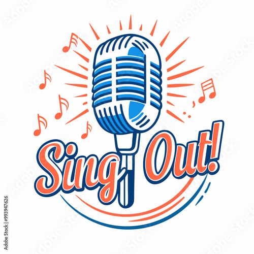 "Sing Out retro microphone illustration with musical notes and energy"