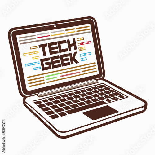 t-shirt print, "Tech Geek laptop illustration with coding lines and digital creativity"