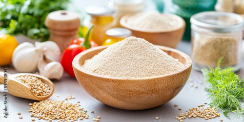 Quinoa flour in a wooden bowl surrounded by glutenfree baking ingredients, highlighting its versatility