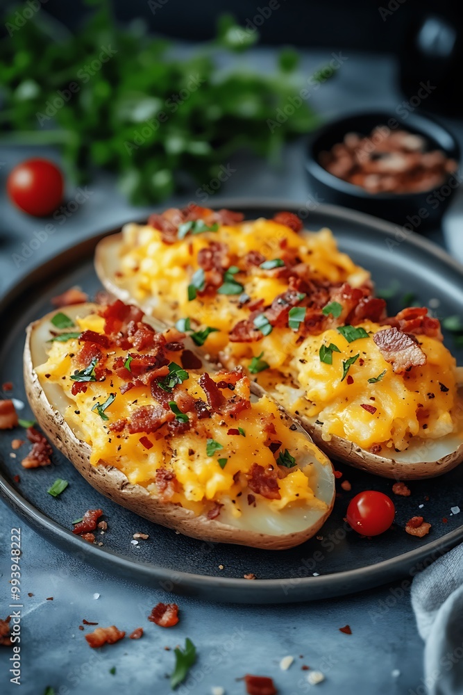 Closeup of Baked Potatoes with Bacon, Cheese, and Parsley. Closeup of Baked Potatoes with Bacon, Cheese, and Parsley.