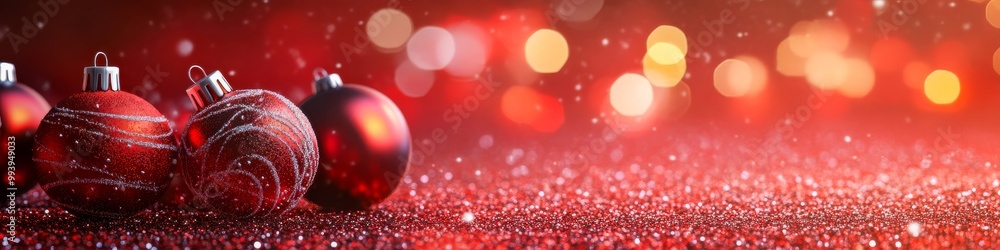Red Christmas ornaments on glittering snow with holiday lights in magical winter scenery Red Christmas ornaments on glittering snow with holiday lights in magical winter scenery