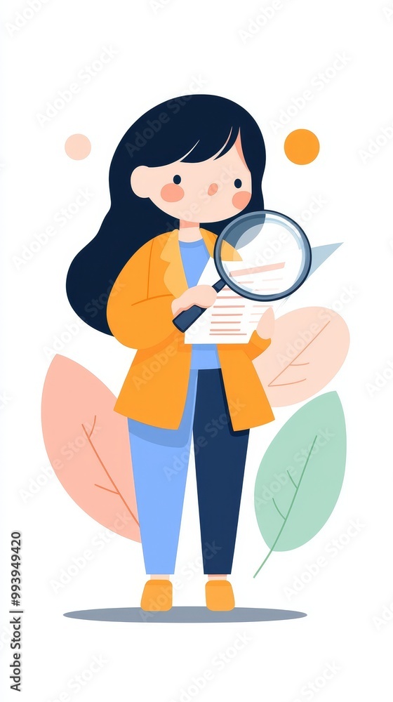 Businesswoman Analyzing Document with Magnifying Glass Businesswoman Analyzing Document with Magnifying Glass