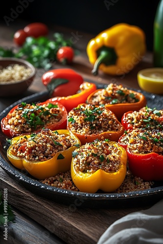 Stuffed Bell Peppers with Quinoa and Parsley on Rustic Wooden Table.