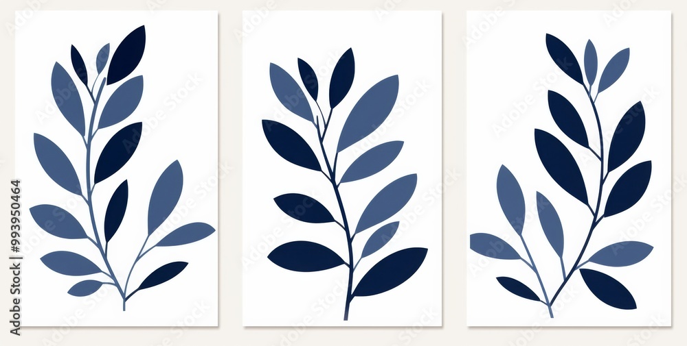 set of 3 simple navy blue leaf designs on a white background, in a triptych style. set of 3 simple navy blue leaf designs on a white background, in a triptych style.