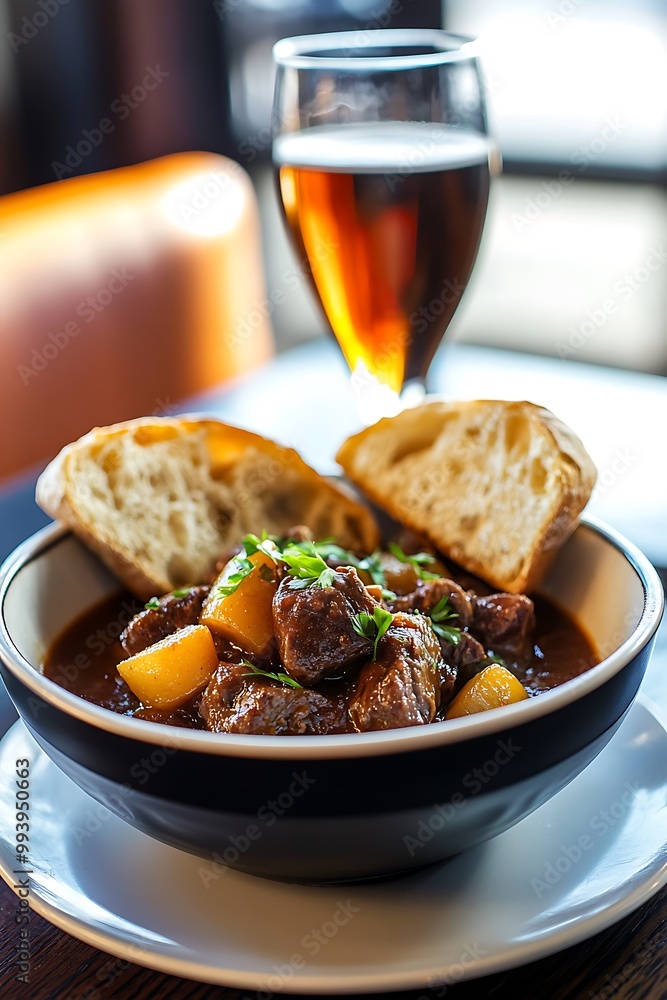 Beef Stew with Potatoes and Bread, Served with a Glass of Beer. Beef Stew with Potatoes and Bread, Served with a Glass of Beer.