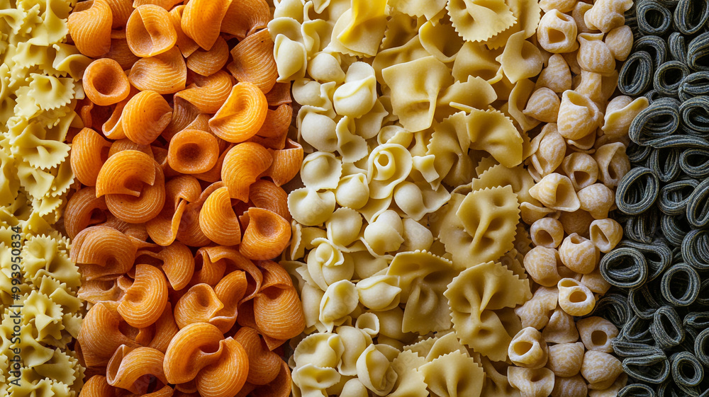 A colorful display of various pasta shapes arranged in a gradient pattern on a wooden surface showcasing culinary diversity and creativity A colorful display of various pasta shapes arranged in a gradient pattern on a wooden surface showcasing culinary diversity and creativity
