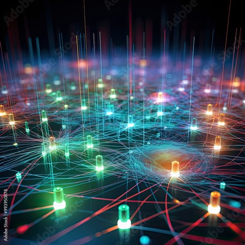 Intricate Web of Fiber Optic Cables Transmitting Data Signals