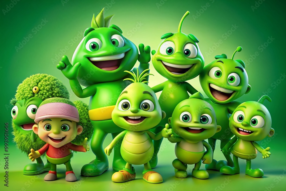 Fototapeta premium Colorful Cartoon Green Characters in Playful Poses Against a Bright Background for Fun Illustrations