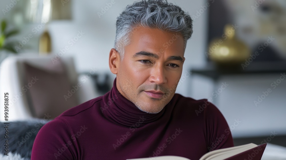 Mature Handsome Man Reading Book at Home Mature Handsome Man Reading Book at Home